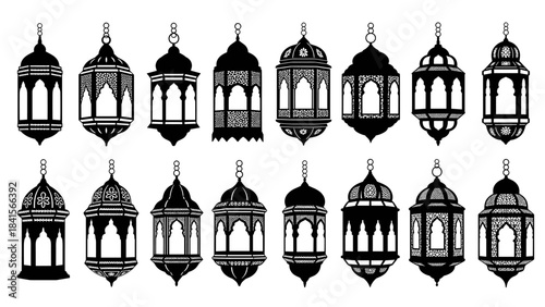 Collection of traditional islamic lanterns in black and white