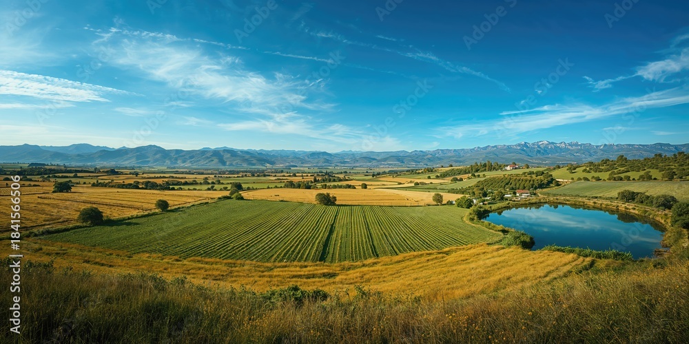 Fototapeta premium Bird's-eye perspective of Sardinian farmland illustrating land use and irrigation layout, useful for environmental analysis