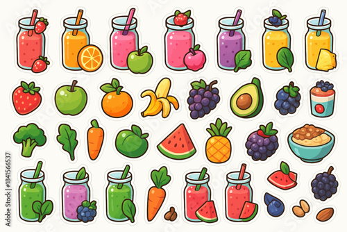 Colorful assortment of fruit stickers featuring smoothies, carrots, and more