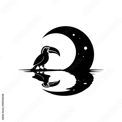 Black silhouette of a toucan perched on a water surface with a crescent moon and stars in the background, reflected below.