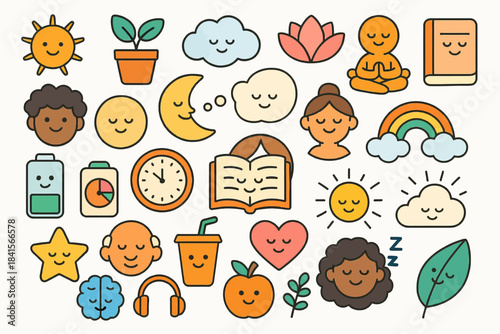 Cute cartoon icons of meditation nature and smiling faces in soft colors