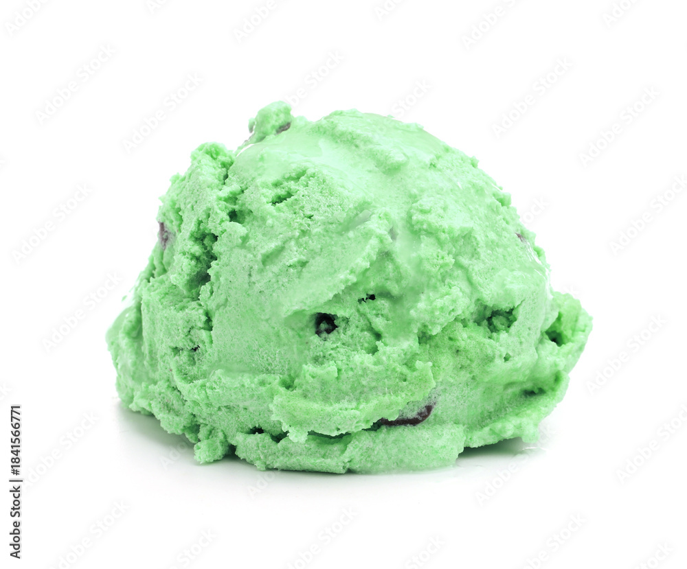 Obraz premium One ball of mint chocolate chip ice cream isolated on white