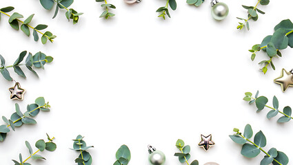 A minimalist and natural Christmas frame made of eucalyptus and small star ornaments on a white background.