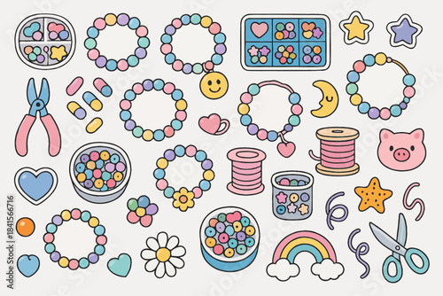 Colorful craft tools and beads for jewelry making