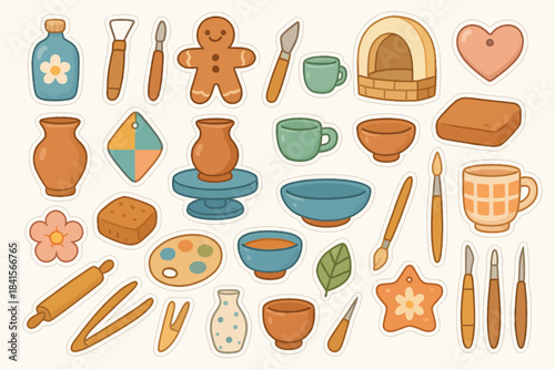 Ceramic crafting elements: tools, pottery, kiln, and decorated shapes in a charming illustration