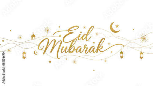 Eid mubarak greeting card with golden lanterns and stars