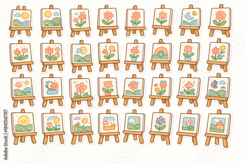 Series of cute flower and landscape paintings on easels