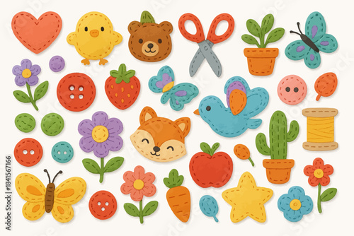 Colorful felt craft collection with animals, plants, and buttons