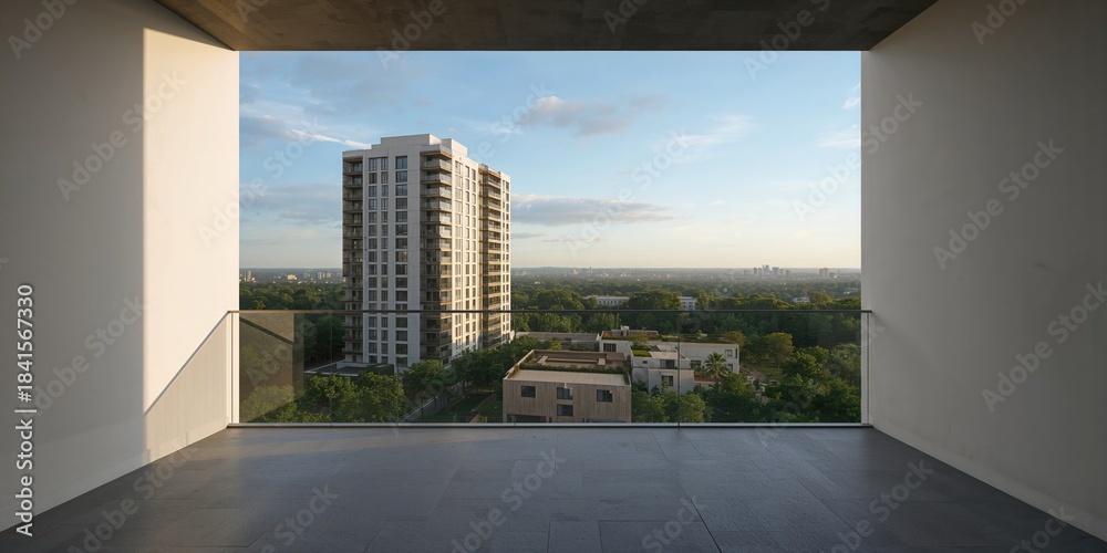 Obraz premium Apartment building seen from a balcony with cityscape view, urban living environment