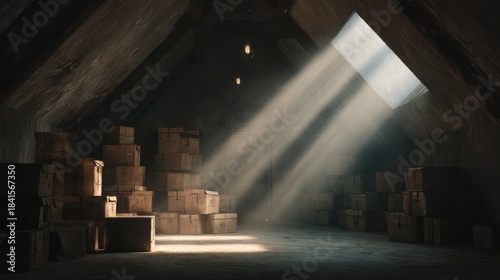 Sunlight Streaming Through Window in Dusty Attic Filled with Wooden Boxes