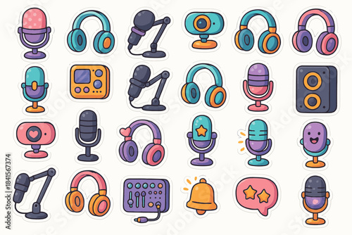 Colorful audio equipment stickers featuring microphones, headphones, and sound mixers