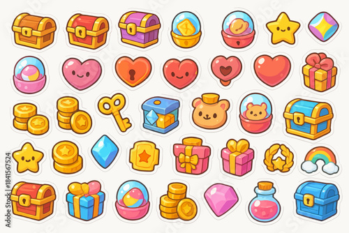 Collection of colorful cartoon icons featuring hearts, stars, and treasure chests