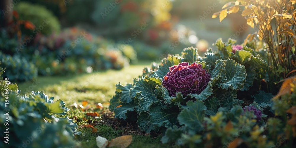 Obraz premium Close-up of ornamental Kale and Cabbage foliage used as a landscape feature, focusing on texture and color in garden beds