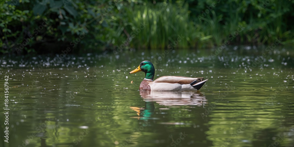 Obraz premium Duck swimming in water viewed from above, water surface textures for background use