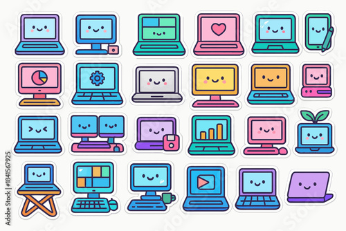 Colorful cute kawaii electronics with smiley faces collection