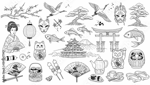 Japanese culture and traditions illustrated in black and white