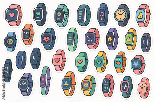 Colorful collection of smartwatches with various app icons and designs