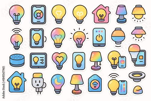 Colorful smart home icons featuring technology and lighting