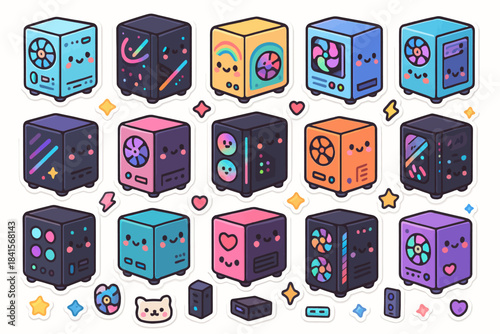 Cute colorful kawaii computer cases with faces and decorations