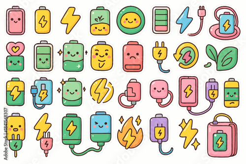 Colorful cartoon battery and charger icons with electric symbols and cute faces