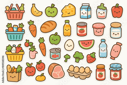 Cute cartoon grocery stickers with smiling faces and fresh foods