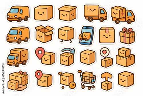 Cute kawaii box and vehicle sticker set with smiling faces