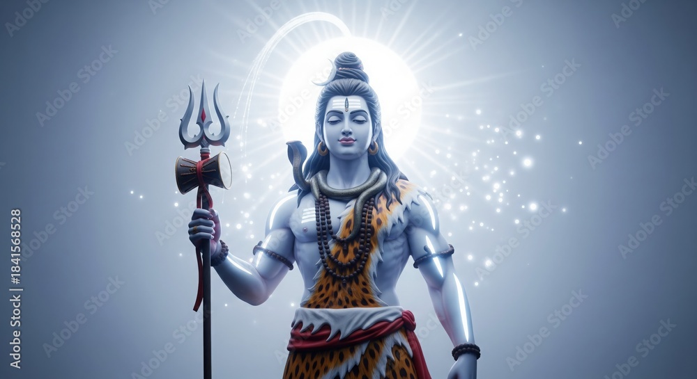 Obraz premium Standing Lord Shiva Idol. Radiant Blue Aura Divine 4K Wallpaper.