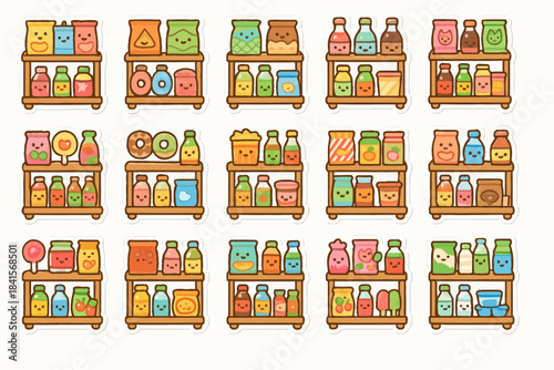 Cute cartoon shelves with colorful food and beverage characters