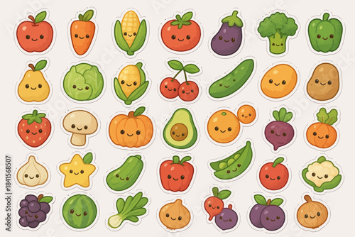 Colorful kawaii fruit and vegetable cartoon stickers with cute faces