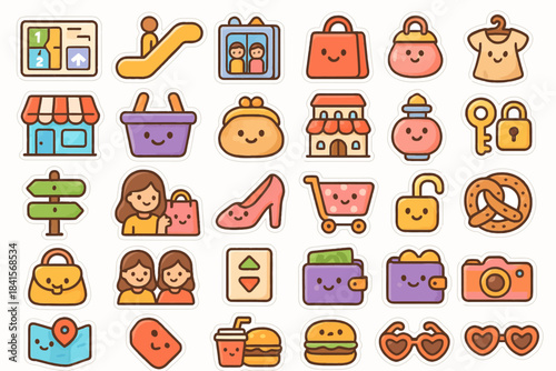 Adorable kawaii shopping and travel icons with whimsical faces