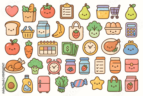Cute kawaii grocery icons collection with smiling foods and shopping items