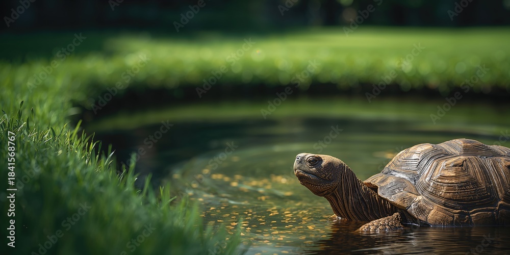 Fototapeta premium Zoo habitat featuring an African spurred tortoise, highlighting species preservation