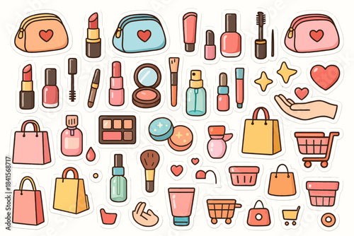 Colorful makeup and shopping stickers - cosmetics, skincare, beauty, fashion accessories, icons