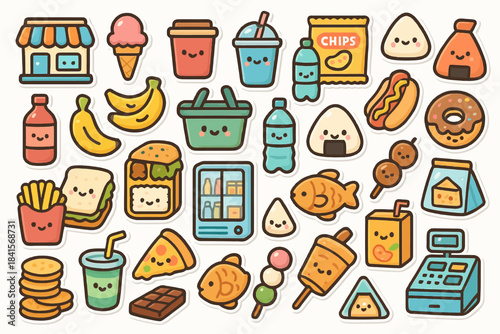 Cute cartoon snack assortment with happy faces and food icons