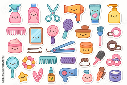 Cute cartoon style hair and beauty icons: combs, brushes, hairdryers with smiling faces