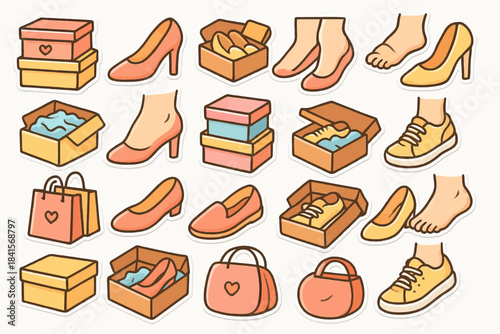 Stylized shoe illustrations with boxes and accessories
