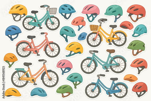 Colorful bicycles and helmets illustration for cycling enthusiasts