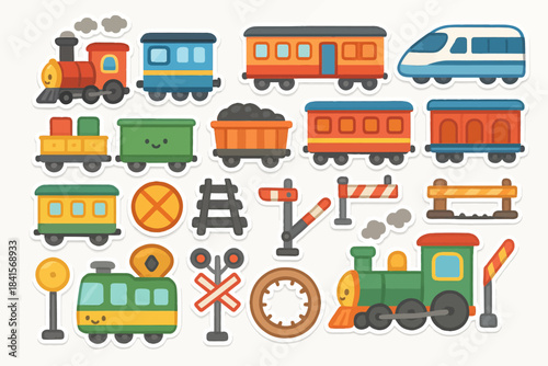 Colorful cartoon train stickers collection with engines and accessories