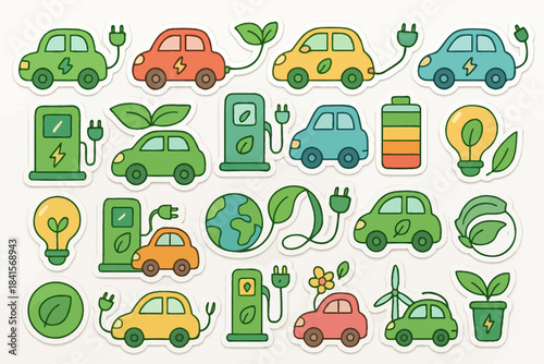 Colorful eco-friendly transportation stickers: electric cars and sustainable energy icons