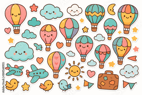 Colorful cartoon hot air balloons and clouds with smiling faces