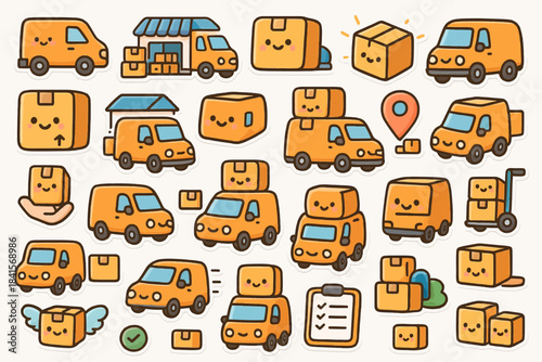 Set of cute delivery icons featuring trucks, boxes, and cartoons with faces