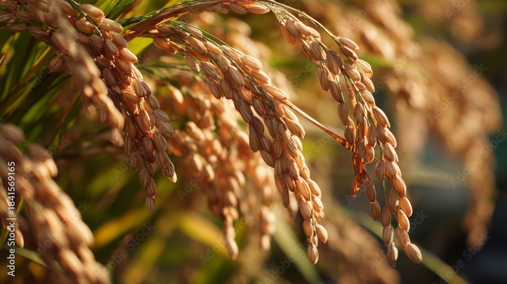 Fototapeta premium Close-Up of Golden Rice Grains on Stalks with Warm Sunlight Highlighting Texture and Details in Agricultural Field Environment