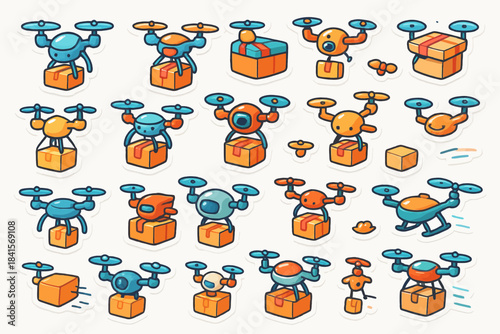 Colorful cartoon drones delivering packages with expressive faces