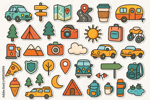 Colorful outdoor adventure icons with cars, maps, and camping gear