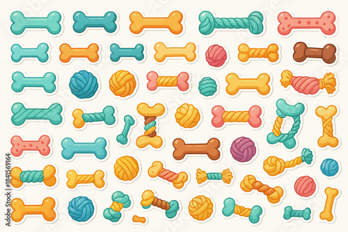 Colorful assortment of dog toys and treats: bones, balls, ropes in vibrant patterns