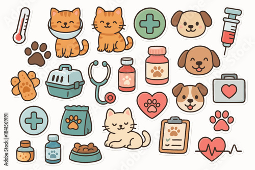 Cute veterinary icons of cats and dogs with medical supplies