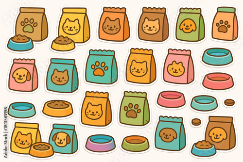 Cute cartoon pet food pattern with colorful bags and bowls for cats and dogs