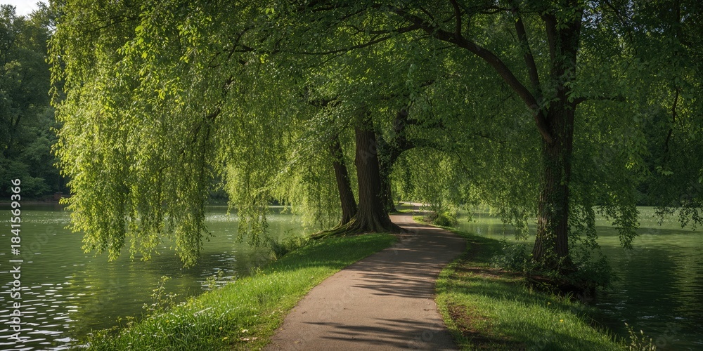 Naklejka premium Grenadier Pond at High Park in Toronto, featuring a tree-lined pathway for recreational walking, Earth Day