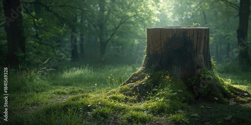 Fototapeta Naklejka Na Ścianę i Meble -  Overgrown mossy tree stump amid summer greenery, highlighting forest terrain and plant life, World Environment Day