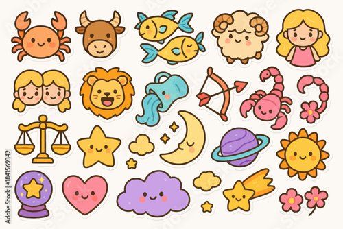 Cute zodiac sign stickers with astrology symbols and cartoon characters